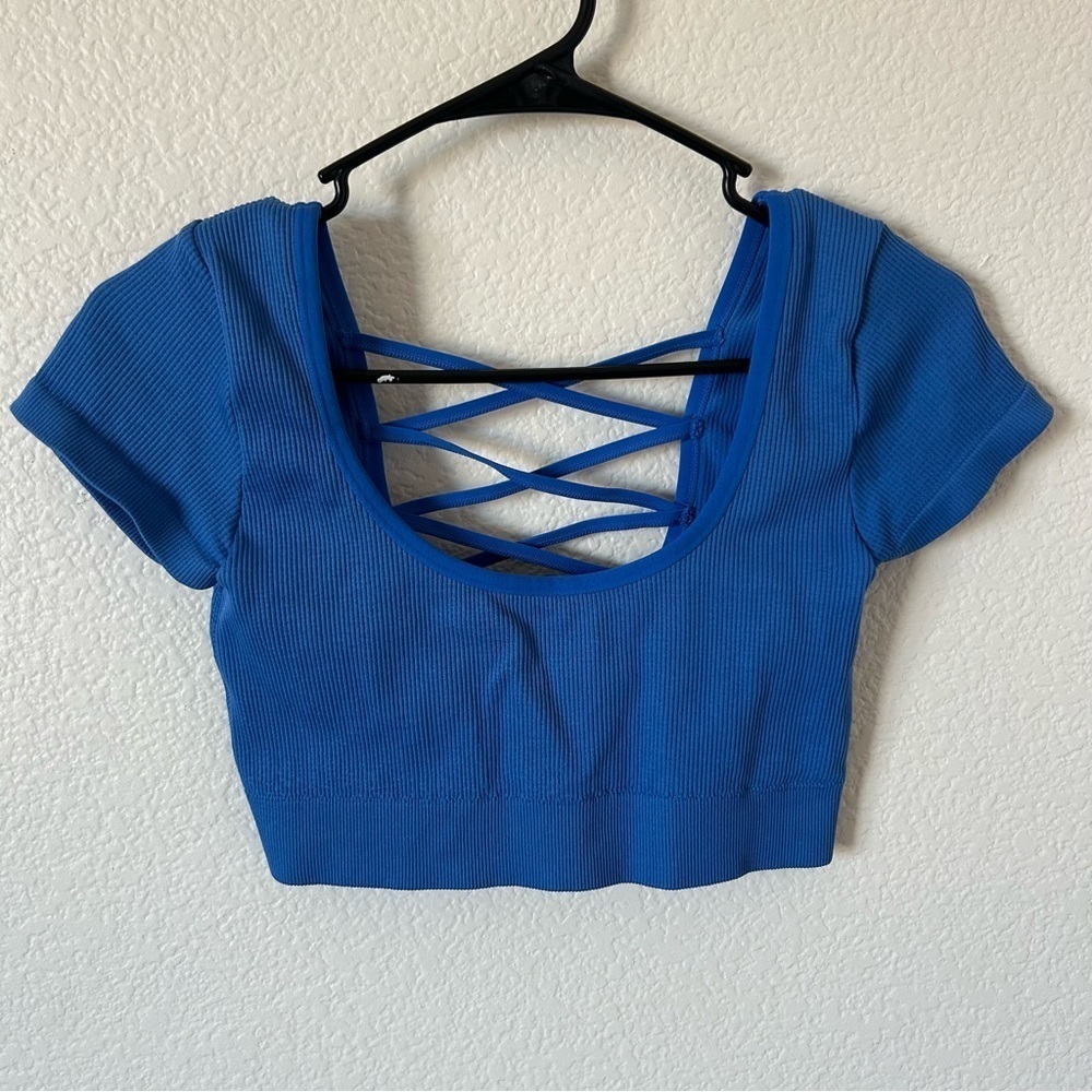 Aerie Electric Blue Crisscross Back, Sporty Dance Ballet Casual Workout Crop Top